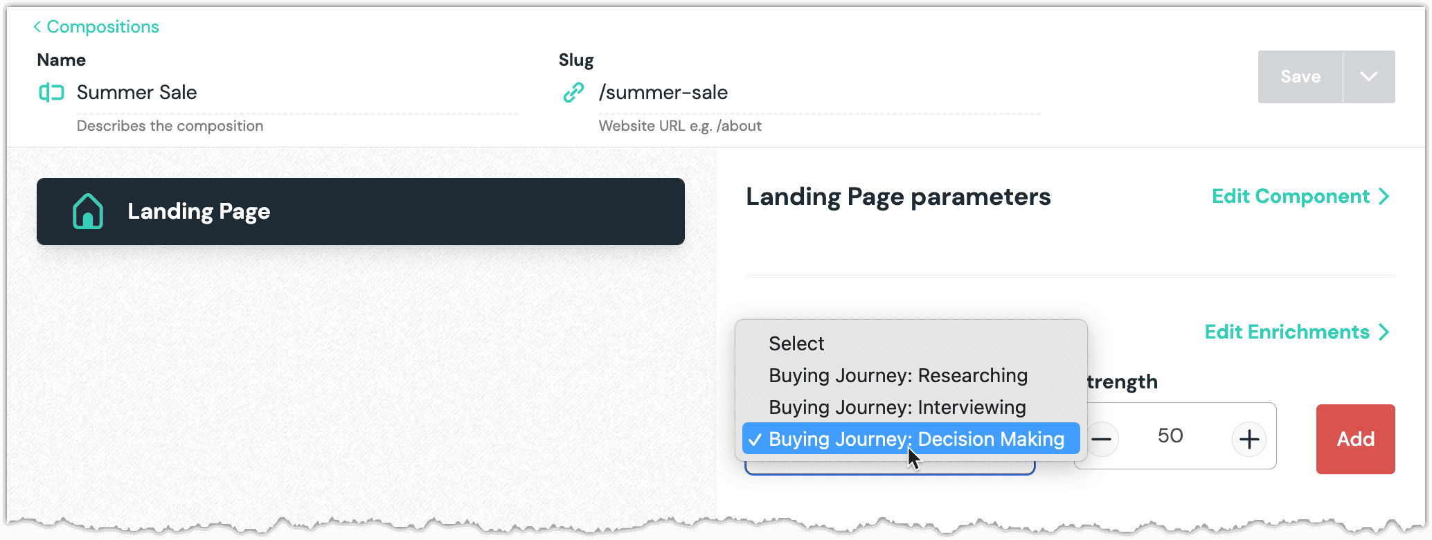 Screen showing how to select the enrichment from the list of configured tags.