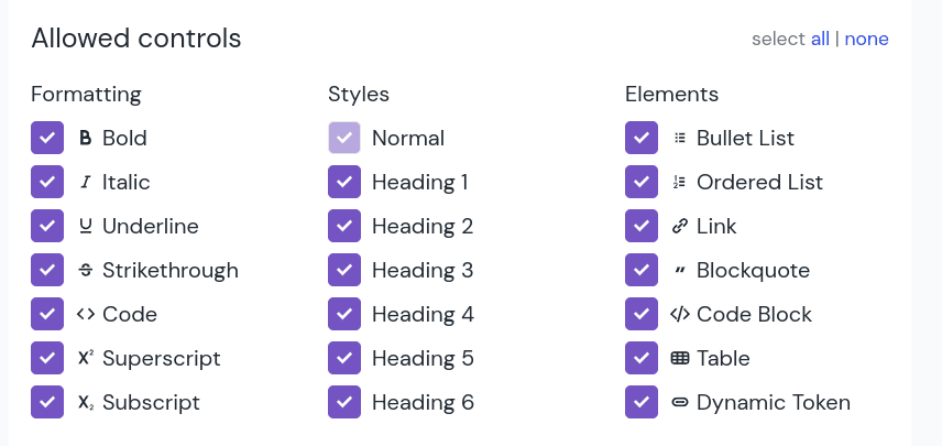 Formatting options are bold, italic, underline, strike through, code, superscript, and subscript. Style options are normal and headings 1 through 6. Elements available include bulleted lists, ordered lists, links, block quotes, code blocks, tables, and dynamic tokens.