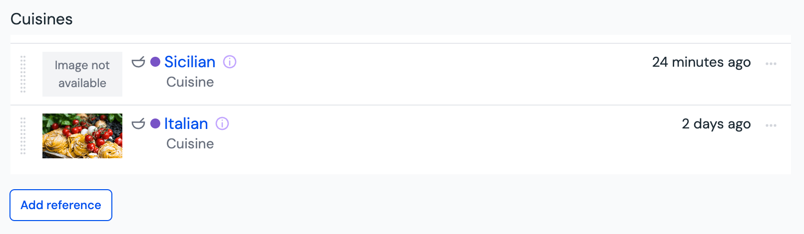 Reference field for assigning 'Cuisine' references in a 'Recipe' entry