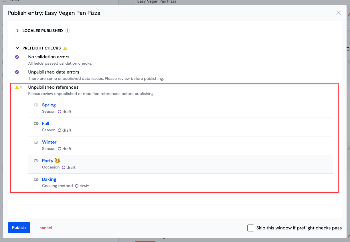 Warnings when publishing an entry with unpublished references